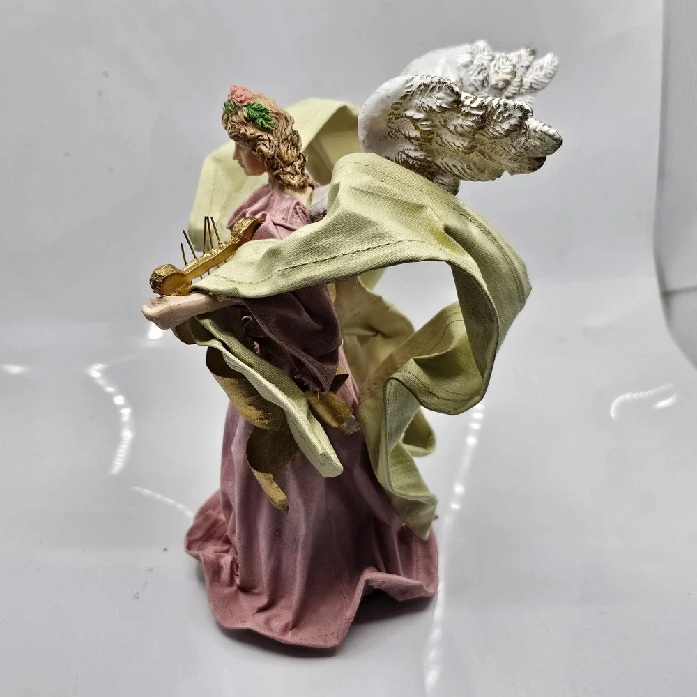 Vtg Angel Christmas Tree‎ Topper Figurine Pink Gown Gold Harp Resin Fabric 10